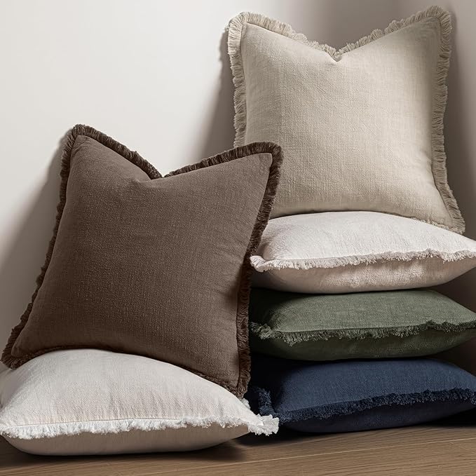 MIULEE Boho Linen Fringe Decorative Fall Pillow Covers Reddish Brown 12x20 | Set of 2, Cottagecore Decor, Boho Farmhouse Neutral Pillow Covers, Rustic Fall Couch Cushion Cases for Sofa Bed Living Room