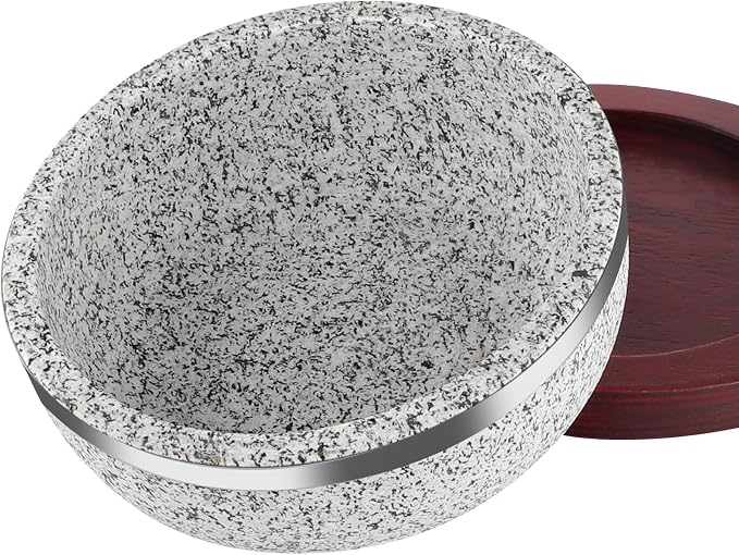 2 Pack Granite Stone Bowl 32 oz, Dolsot Pot with Wood Base for Cooking and Serving Korean Bibimbap, Soup, Rice, Ramen, Stew