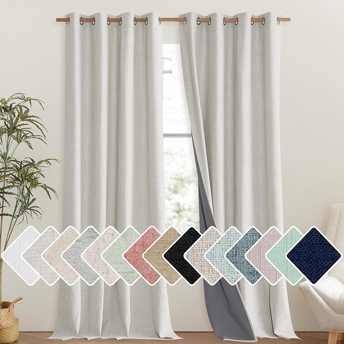 NICETOWN Snowbound Vintage Linen 100% Blackout Curtains for Living Room, Thermal Insulated Curtains 95" Long, Noise Reducing Window Treatment Drapes for Bedroom, 52" Wide Per Panel, Set of 2