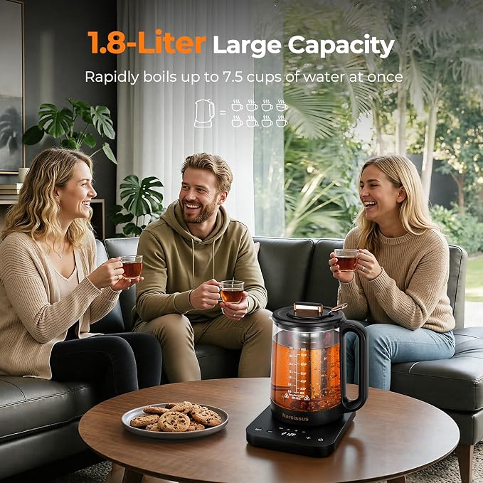 Narcissus Electric Kettle Temperature Control ±5℉, 1.8L Glass Electric Tea Kettle with Removable Infuser for Flowers & Fruit Tea, 1200W Fast Boiling, 6 Hours Keep Warming, Black