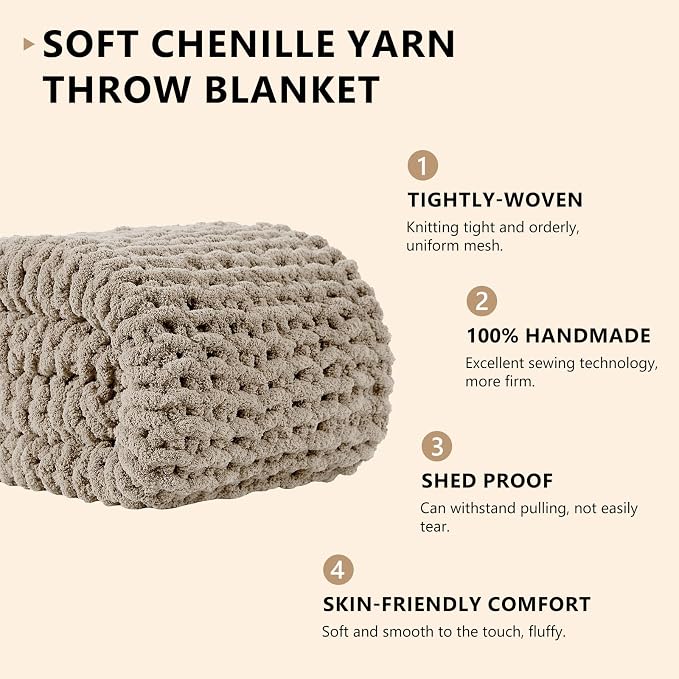 L'AGRATY Chunky Knit Throw Blanket for Couch, 50 x 60 Inches, Light Linen | Handmade Chenille Crochet Blanket for Sofa Bed, Thick Cable Knitted Blankets for Room Home Decor, Birthday Gift for Women Mom