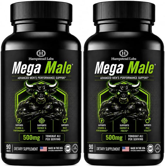 Mega Male Men's Vitality Supplement with Tongkat Ali, Maca, L-Arginine & Zinc, Daily Wellness Formula for Men, Energy & Stamina Support, 180 Count (2 Pack)