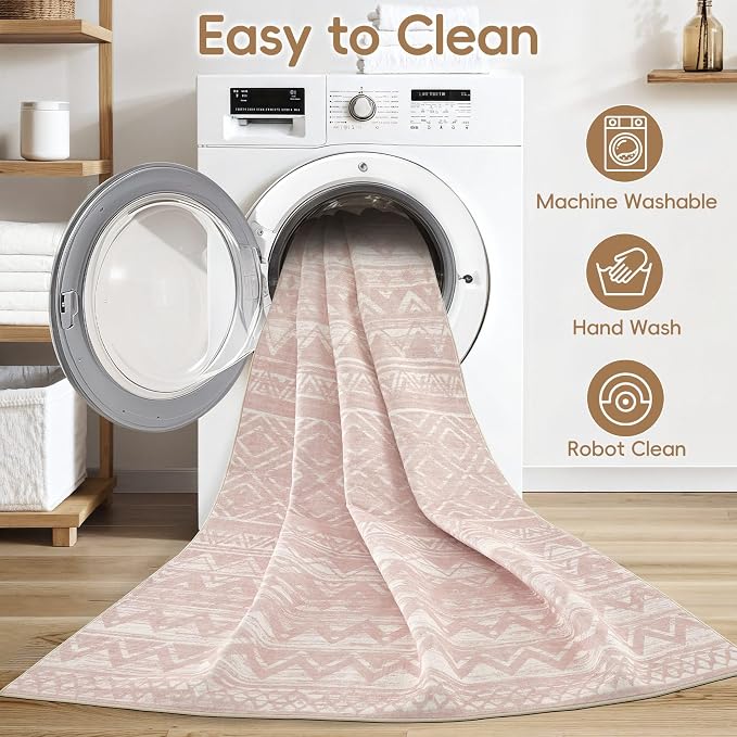 cotiled 5x8 Area Rugs Living Room Rug: Washable Boho Rugs with Non Slip Backing Large Soft Indoor Stain Resistant Carpet for Bedroom Farmhouse Dining Room Lightweight Home Decor Lotus Pink