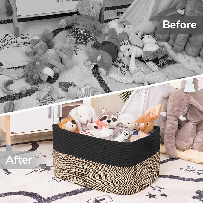 Goodpick 75L Extra Large Woven Blanket Basket, 22" x 17" x 12", Black Jute | Decorative Storage Basket for Blankets, Pillows & Toys, Living Room & Bedroom Organization, Nursery & Home Decor, Rectangle