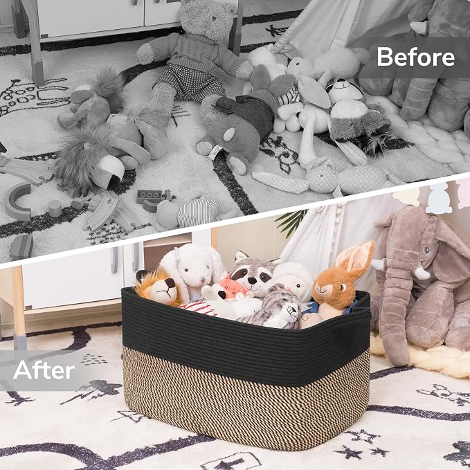Goodpick 75L Large Woven Blanket Basket, 22" x 17" x 12", Black & Jute | Decorative Storage Basket for Blankets, Pillows & Toys, Living Room & Bedroom Organization, Rectangle, Built-In Handles