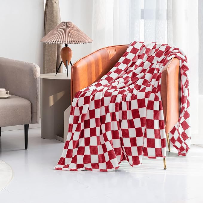 LOMAO Throw Blankets Flannel Blanket with Checkerboard Grid Pattern Soft Throw Blanket for Couch, Bed, Sofa Luxurious Warm and Cozy for All Seasons (Red, 40"x60")