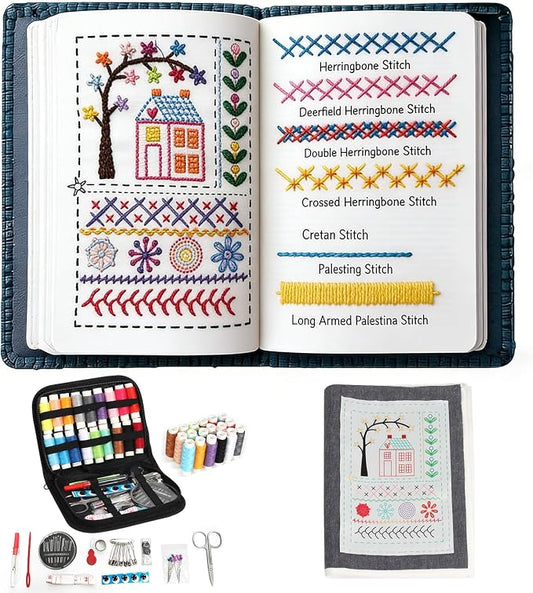 Oeedsns New DIY Embroidery Stitch Book Kit, Illustrated Guide to 106 Universal Embroidery Stitches with Free Tutorials and 86 PCS Sewing Tool Kit for Beginners and Craft Lovers