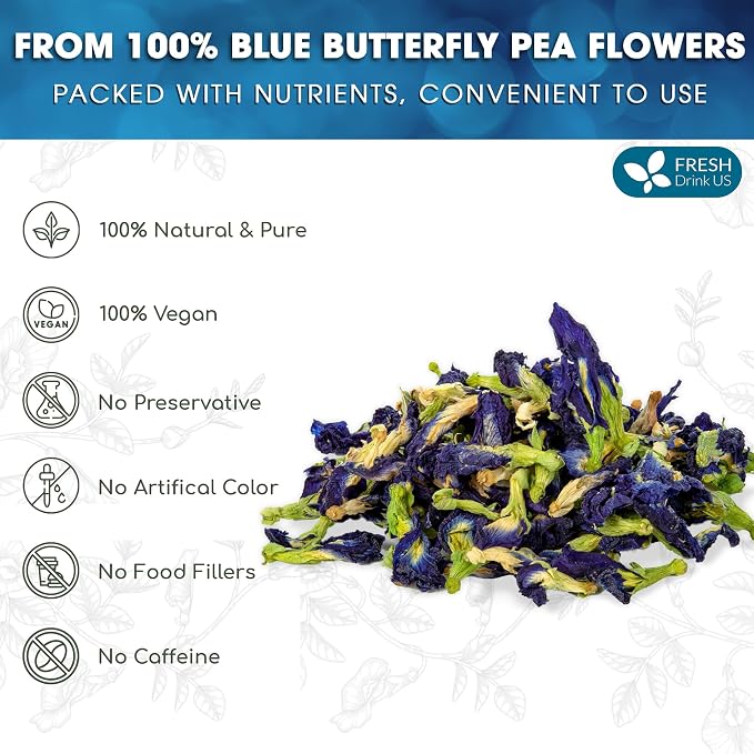 FreshDrinkUS, Premium 8oz Butterfly Pea Flowers, 100% Natural & Pure from Whole Butterfly Pea Flowers Leaves, Wildcrafted, Blue Butterfly Pea Flowers Loose Leaf Herbal Tea, No Gluten, Vegan