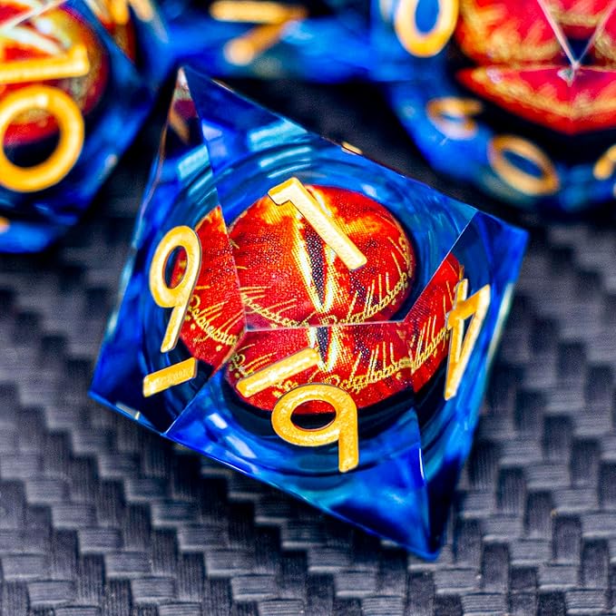 ARUOHHA DND Resin Dice Gazes Eye Dice Golden Blue Liquid Core Flaming RPG Sharp Edged Dice Set with Gift Box, Polyhedral D and D Dice Set Compatible with Dungeons Dragons Role Playing Game D20 D6