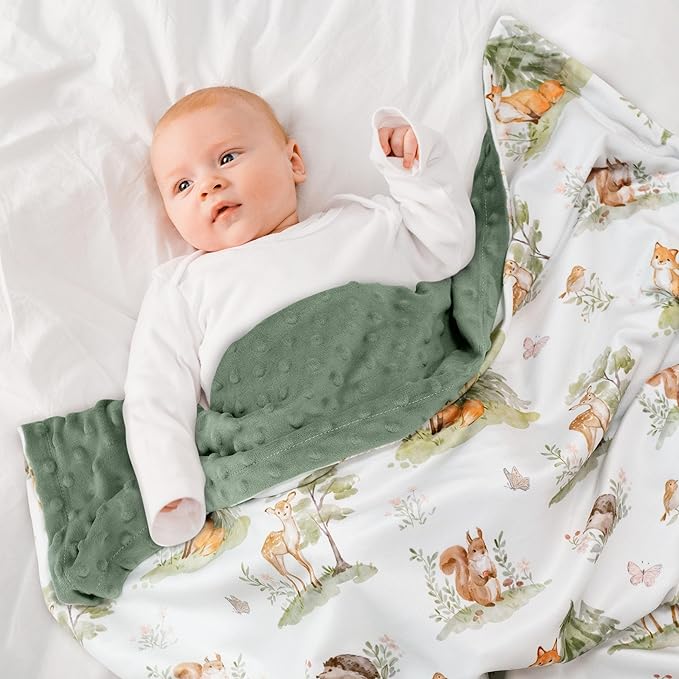 Baby Blanket for Boys Girls, Super Soft Double Layer Minky Dot Blanket with Woodland Animals, 30x40 Inch Lightweight Dotted Backing for Infant Toddler Nursery Crib, Sensory Security Throw