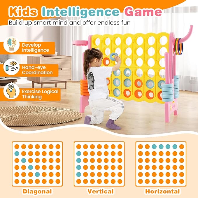 COSTWAY Jumbo 4-to-Score Giant Game Set for Kids & Adults, 2.5Ft Indoor Outdoor Game with Basketball Hoop, Ring Game, 42 Jumbo Rings, Quick-Release Slider, Perfect for Birth & Holiday Party
