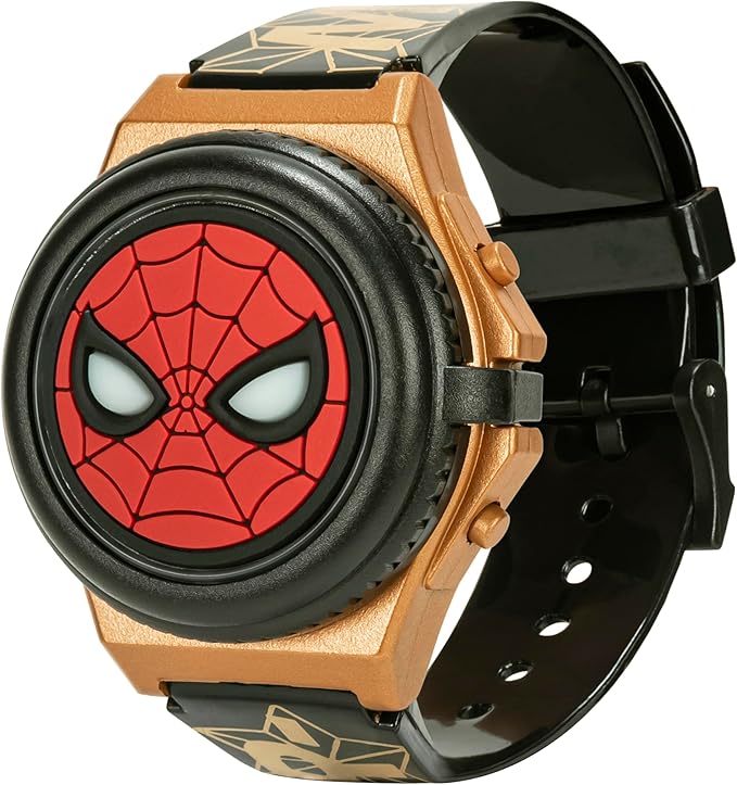 Marvel Spider-Man Kids' LCD Watch – Light-Up Flip Top Design with Glowing Eye Cover, Gold-Tone Accents, and Adjustable Silicone Strap – Durable and Fun for Ages 5+