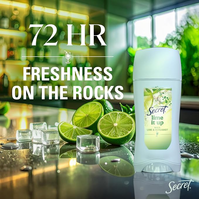 Secret Fresh Antiperspirant Deodorant for Women, 72hr Freshness on the Rocks with Pro-Hyaluronic Acid, Miami Mocktails Edition, Invisible Solid, Lime It Up with Lime & Bergamot Scent, 2.6 oz