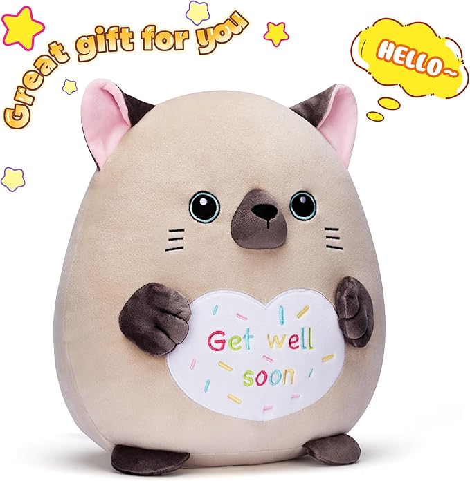 Get Well Soon Siamese Cat Large Plush Pillow Stuffed Animal Toy Patient Feel Better,12.5" Big Size Cute Plushie,Gift for Kids Women Girls