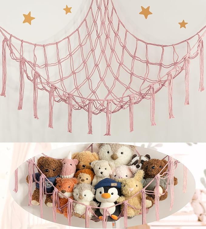 Stuffed Animal Storage Hammock or Net Corner - Large Toy Hammock Net for Stuffed Animals Room Decor - Cute Stuff Animal Organizer Plush Holder - Kids Baby Nursery Essentials Wall Bedroom Home Decor