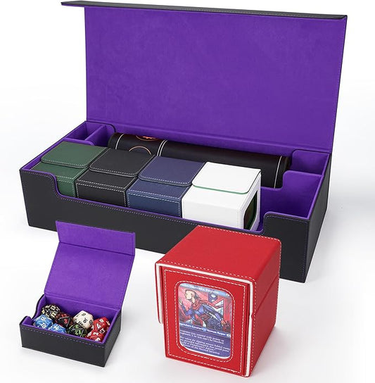 AFIING MTG Deck Box 6 In1 with MTG Playma,Premium Card Storage Box with 5 Pcs MTG Deck Box Holds 2400+ Trading Cards, Large TCG Card Deck Case for Magic Yugioh Sports Cards (Black&Purple)