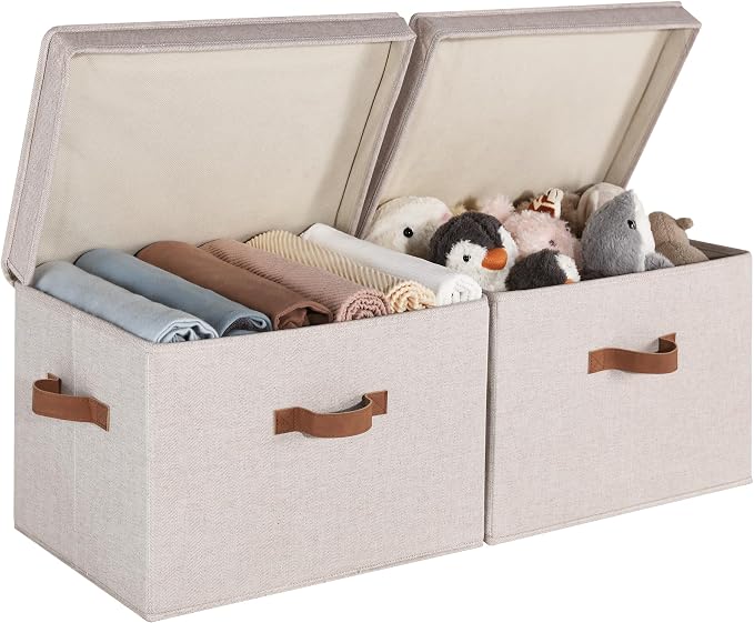 StorageWorks Fabric Storage Bins with Lids, Large Closet Storage Bins | Flip-Top Lid, 3 Handles, Collapsible, Stackable, for Clothes Blankets, Multi-Purpose, Jumbo, Brown and Beige, 2-Pack