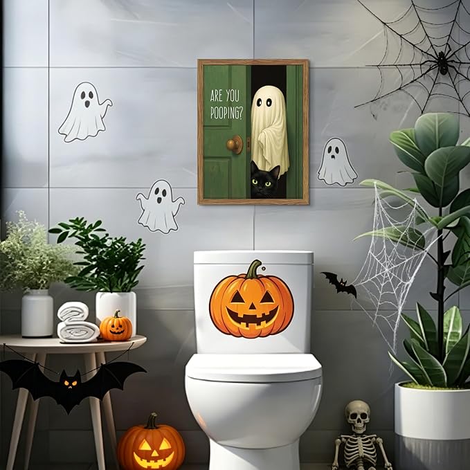 Funny Halloween Bathroom Wall Art, Vintage Cute Ghost Cat Canvas Wall Decor Paintings, Funny Are You Pooping Artwork Poster Print Picture for Bathroom Restroom 16x24 Inch Framed