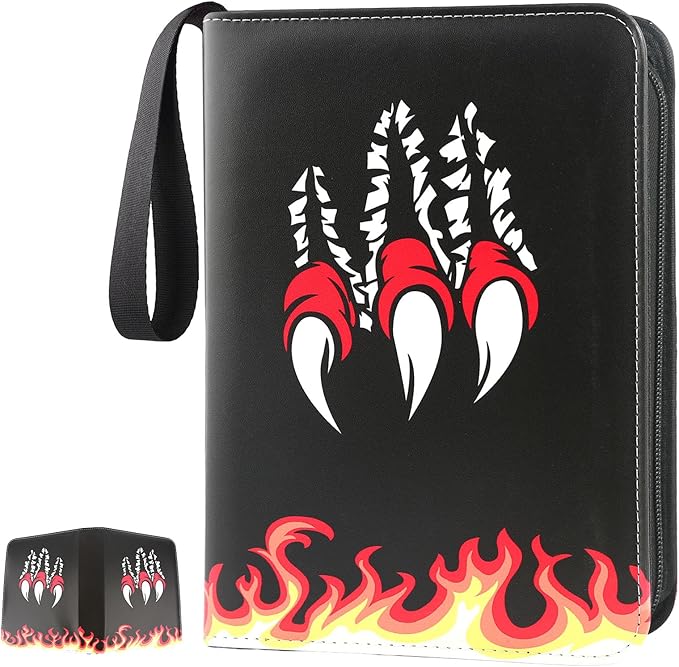 Card Binder 4-Pockets, 400 Pockets Card Holder with 50 Removable Sleeves, Trading Card Collector Zipper Album Holder - Black Red