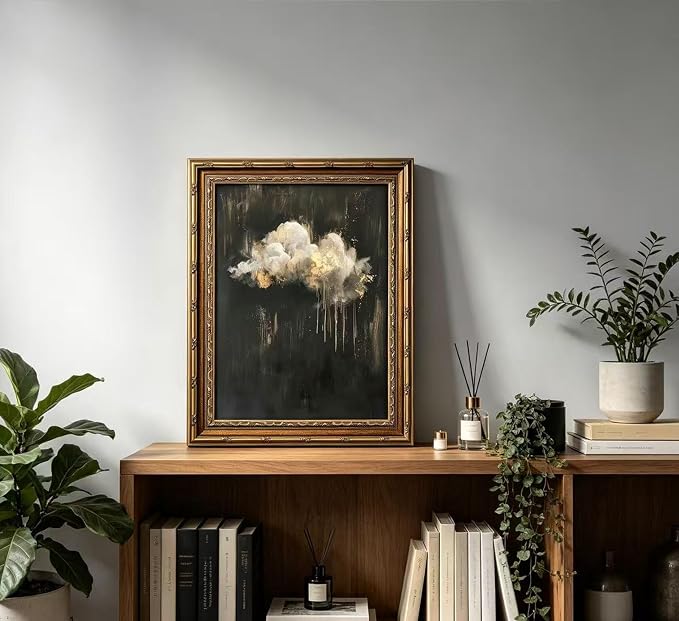 Vintage Gold Framed Cloud Wall Art Abstract Cloud Rain Landscape Canvas Print Dark Moody Cloud Picture Wall Decor Abstract Gothic Sky Landscape Academia Poster Artwork for Living Room Bedroom