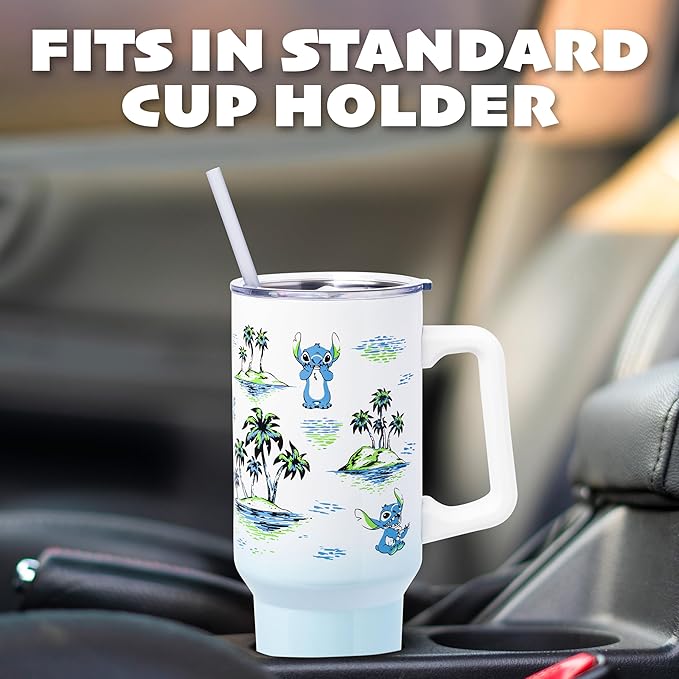 Silver Buffalo Disney Lilo and Stitch Vintage Sketch Palm Trees and Flowers Double Walled Stainless Steel Tumbler with Handle and Straw, Fits in Standard Cup Holder, 40 Ounces