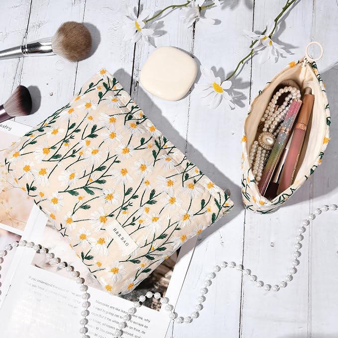 SOIDRAM 2 Pcs Makeup Bag Large Cosmetic Bag Toiletry Bag Makeup Pouch Travel Bag Organizer Cute Makeup Brushes Aesthetic Accessories Storage Bag for Women Daisy Embroidery