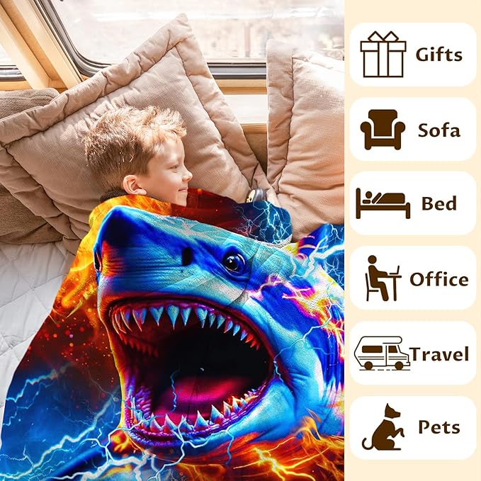 Boys Shark Blankets Personalized Throw Blankets for Kids Teens, 60x80 Inches Lightweight Comfy Custom Throw for Sofa Chair Bed Office Home Decor
