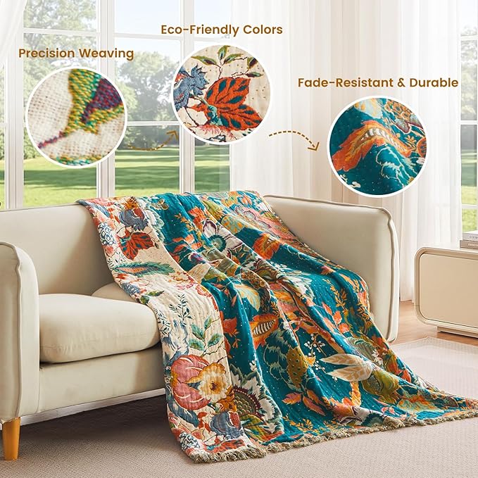 MSGKV Boho Throw Blanket 50"x60" 100% Cotton Ocean Blanket for Couch | Muslin Throw, Ocean Pattern, Reversible Woven, Lightweight Comfort, Farmhouse Decor, All Seasons, Machine Washable