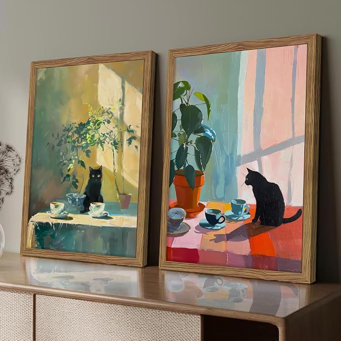 Framed Black Cat Wall Art Set of 2, Vintage Funny Cat Coffee Canvas Wall Decor Paintings, Moody Cute Animal Artwork Prints Picture for Kitchen Dining Room Living Room 16x24 Inch