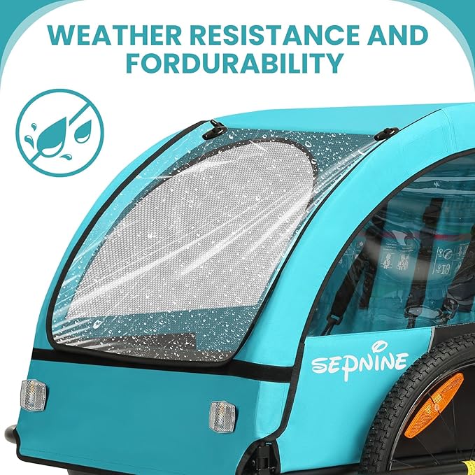 Sepnine Kids Bike Trailer, Suitable for 1 to 2 Children, Double Seat, Universal Coupler, Foldable, Canopy with Bug Screen and Weather Shield, with 5-Point Harness and Storage Bags