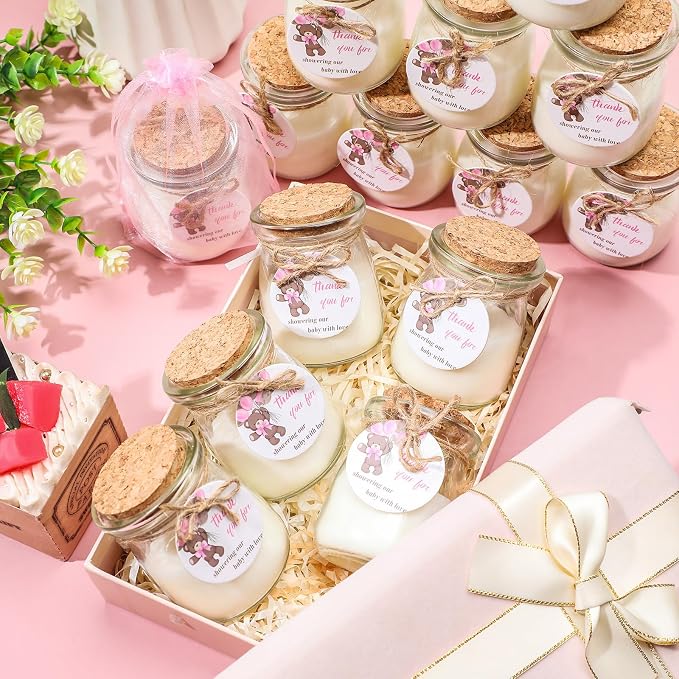 Threlaco 20 Pcs Bear Baby Shower Favors Party Candle Lavender Scented Glass Mason Jar Wax Candle Bulk for Guests Girl Boy Gender Reveal Party Gifts(Pink)