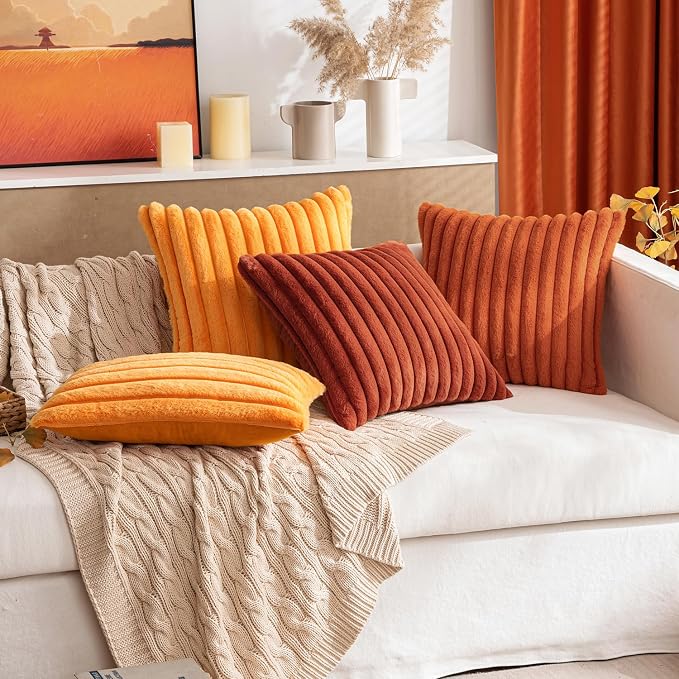 MIULEE Fall Faux Fur Decorative Throw Pillow Covers 16x16 Set of 2 Rust | Vintage Boho Fall Modern Soft Plush Couch Pillows, Cozy Fluffy Cushion Covers for Sofa Bed Living Room Home Decor