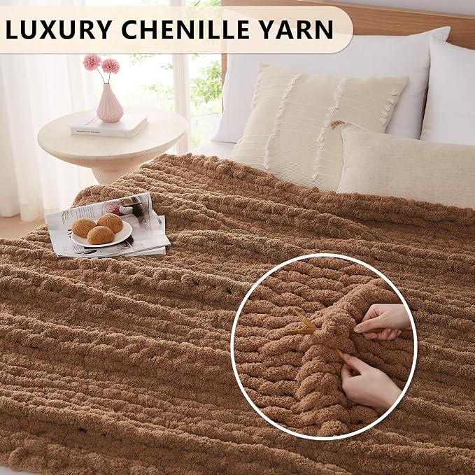 L'AGRATY Chunky Knit Throw Blanket for Couch, 50'' x 60'' Knit Throw, Brown | Handmade Chenille Crochet Blanket for Sofa Bed, Thick Cable Knitted Blankets for Room Home Decor, Birthday Gift for Women Mom