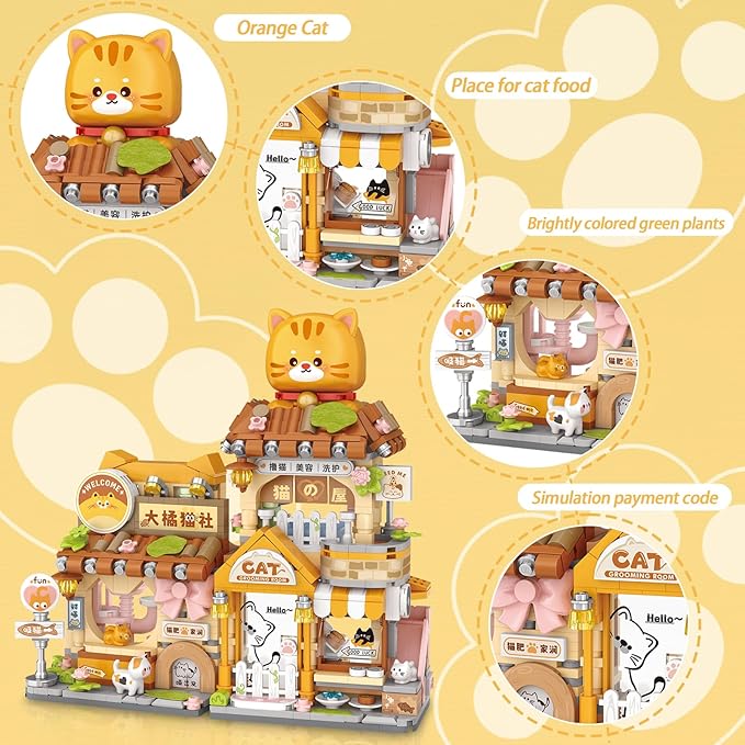 Cute Cat Mini Building Blocks Set, 917PCS MOC Mini Architecture Building Kits with Grooming Store Street View Design - STEM Educational Construction Gift for Girls Boys Kids Adults