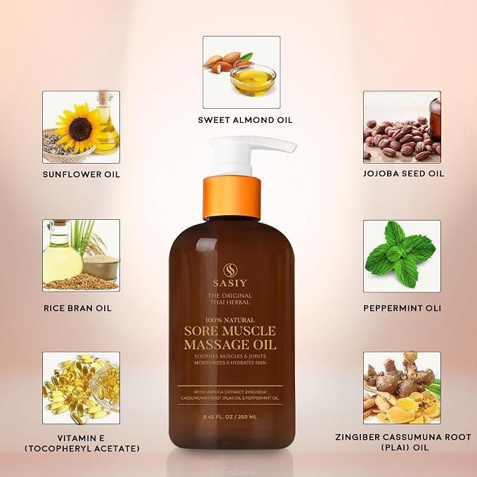 Thai Herbal Massage Oil 100% Natural Non Greasy Fast Absorbing No Fragrance Soothes Sore Muscles with Plai Peppermint & Eucalyptus 8.00 fl oz / 236 ml