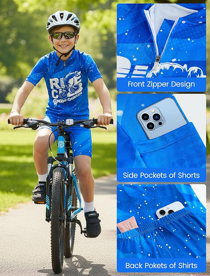 Gogokids Boys Cycling Jersey Set 3D Padded Bike Suit Kids Road Mountain Riding Shorts Bicycle Sportswear for 7-14Y