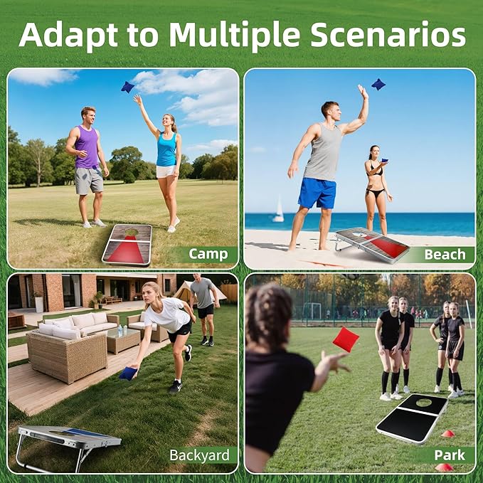 Portable Cornhole Board Set with Aluminum Alloy Edging,2x1.3ft Foldable Corn Hole Games for Adults and Family with 8 Bean Bags for Outdoor Backyard Travel Tailgate Camping