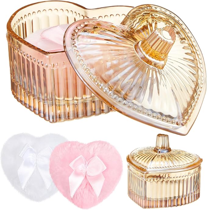 Tioncy 3 Pcs Large Body Powder Puff and Container Valentine's Day gift Powder Container with Puff Crystal Case Soft Washable Reusable Velour Face Body Glitter Wet Dry Makeup(Hammered Heart,Amber)