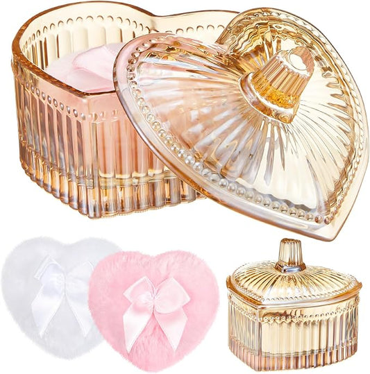 Tioncy 3 Pcs Large Body Powder Puff and Container Valentine's Day gift Powder Container with Puff Crystal Case Soft Washable Reusable Velour Face Body Glitter Wet Dry Makeup(Hammered Heart,Amber)