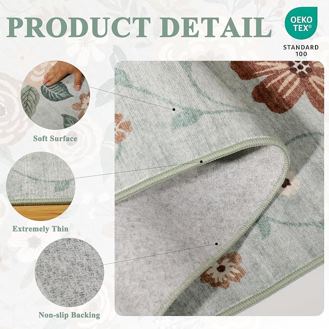 DUKINO 2x8 Runner Rug, Washable Runner Rug for Kitchen Non Slip, Sage Green | Floral, Low Pile, Soft Indoor Rug for Hallway, Entryway, Bedroom, Bathroom, Pet Friendly, Stain Resistant, Modern Home Decor