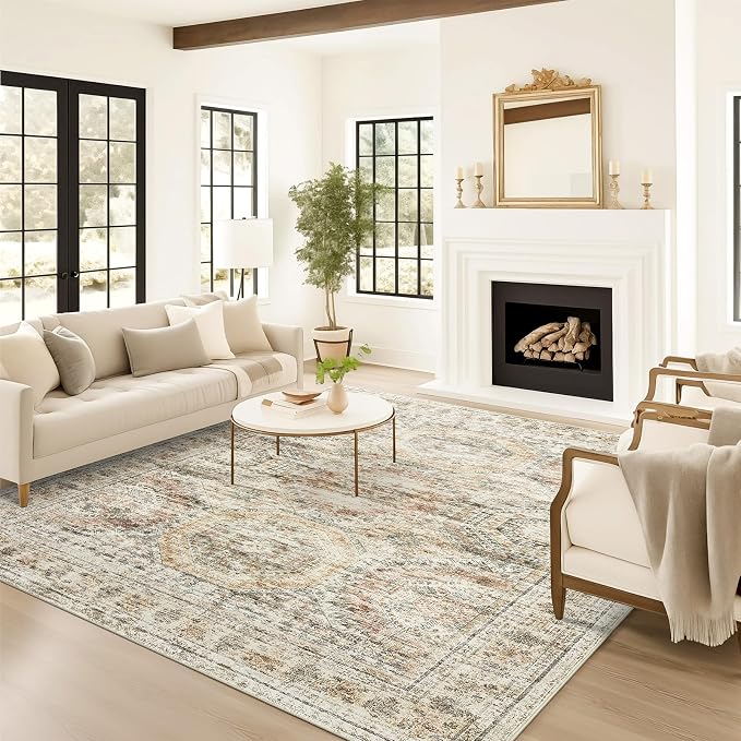 Soalmost Washable Area Rug 8x10 Large Soft Living Room Rugs Brown/Pink | Vintage Non-Slip Carpet for Dining Bedroom, Stain Resistant Low Pile Foldable Lightweight Floor Mat Under Table Home Decor