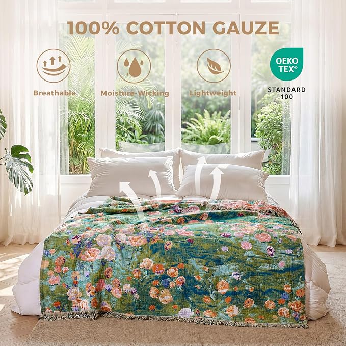 LUTBM Boho Throw Blanket for Couch Chair 50"x60", Cotton Cozy Bed Blankets | Reversible Green Garden Jacquard, All-Season, Decorative Throw for Sofa Chair Living Room, Lightweight Breathable, Home Decor