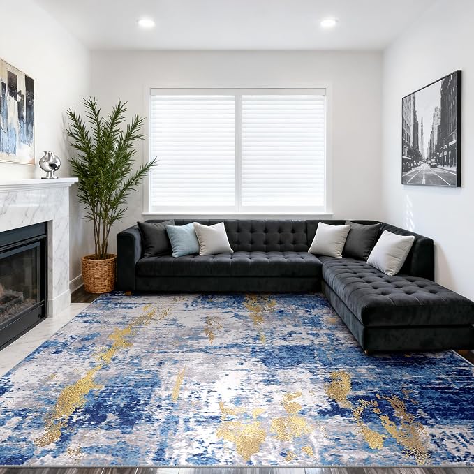 RELEANY Washable 10'x14' Abstract Area Rug for Living Room Blue Gold | carpet for bedroom, kitchen, office, hallway and entryway, printed pattern, non-slip, soft, stain-resistant, easy to clean