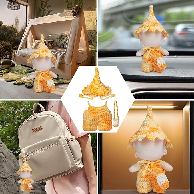 17cm Doll Clothes - Handmade Dreamy Elf Style Set, Premium Dolls Outfit with Accessories - Bright Yellow One-Piece Trousers + Gradient Color Hat + Matching Bag (NO Doll)