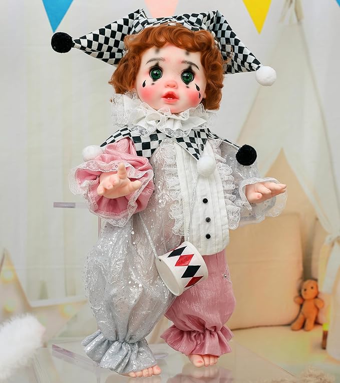 Harlequin Clown Reborn Toddler Girl Dolls – 18 Inch Baby Doll with Curly Hair, Checkered Hat, Pink & Silver Costume, and Mini Drum, Baby Dolls for 5 Year Old Girls, Parents, Collectors