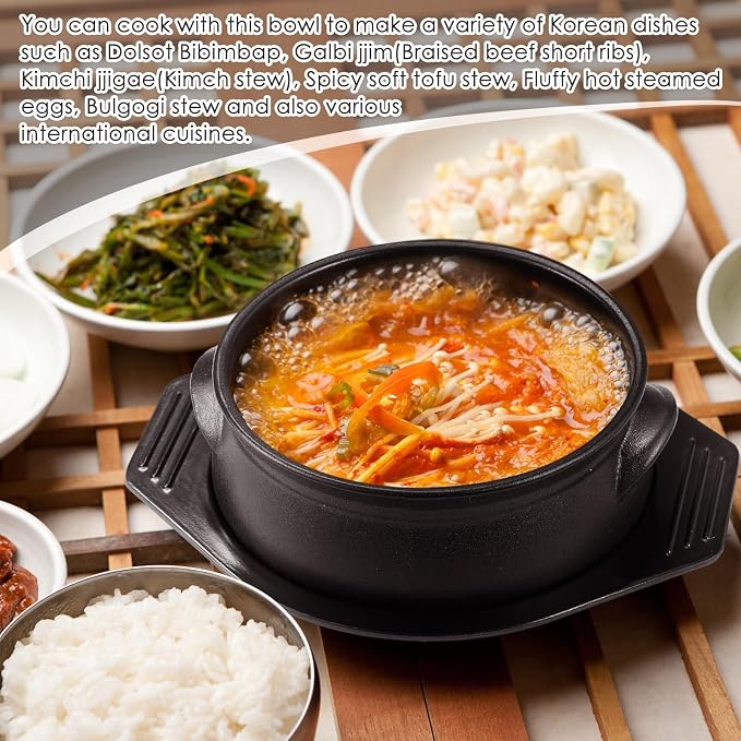 2 Pcs Korean Stone Pot Clay Cooking Pots with Tray Set 38 oz Ceramic Sizzling Hot Pot Bowl Korean Bibimbap Soup Dolsot Bowl for Ttukbaegi and Koreans Stew Rice Noodle (Without Lid)