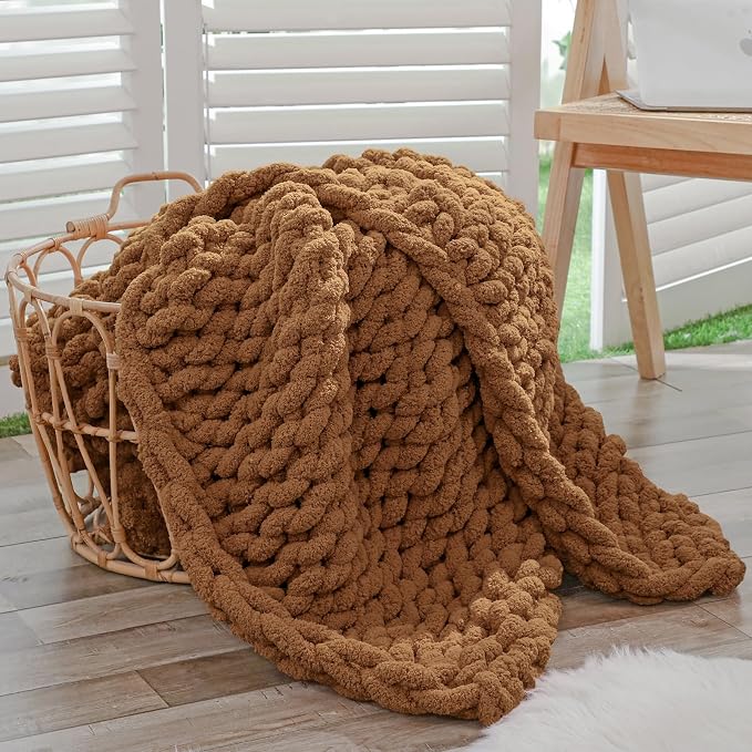 Bigacogo Chunky Knit Throw Blanket for Couch, 40x60 inches, Caramel | Hand Knit with Jumbo Chenille, Soft Breathable Cable Knit for Sofa Bed Living Room, Machine Washable, Gift for Mom Friend