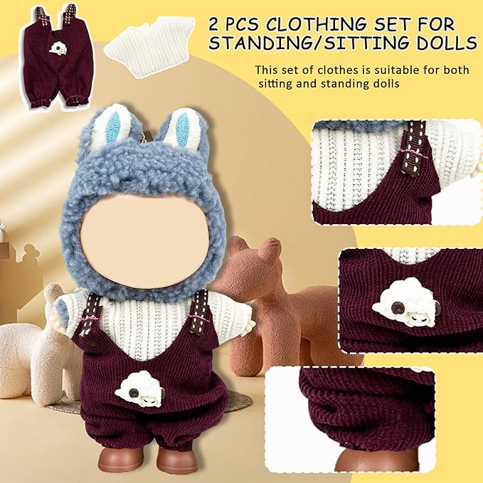 Doll Clothes for Labubu,Cute Outfit for 17cm Doll Clothe 2/3PCS Clothes and Hats Stylish Dolls Clothe for 17 cm Labubu,Casual Style Costumes for Labubu Dolls (Brown and Yellow Overalls)