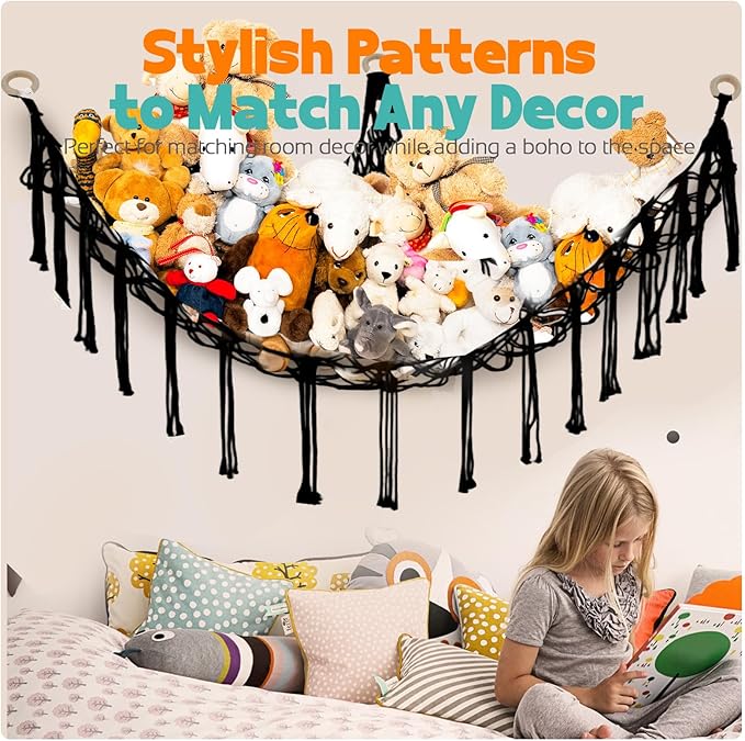 Stuffed Animal Storage Hammock Large Toy Storage Net Stuff Animal Hanging Organizer Holder for Plush Plushie Included Anchors & Hooks Teddy Bear Storage Boho Room Decor