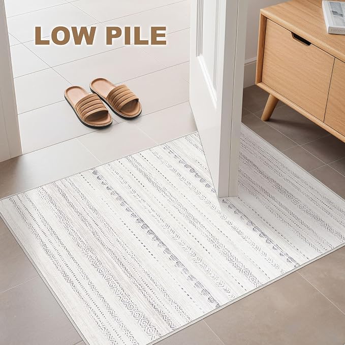 Nakagishi Boho 2x3 Washable Area Rug Non Slip Carpet for Entryway Gray | Pet & Kid Friendly, Machine Washable, Low Pile Carpet for Kitchen Hallway Daily Home Decor,Farmhouse Neutral Moroccan